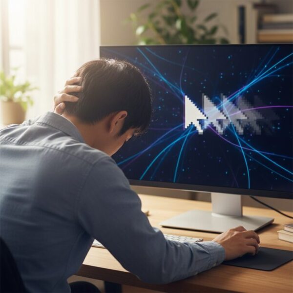 PCの前で頭を抱えるゲーマー。モニター上のマウスカーソルには残像があり、クリックの遅延によってスコアが伸び悩む原因と、そのフラストレーションを表現している。