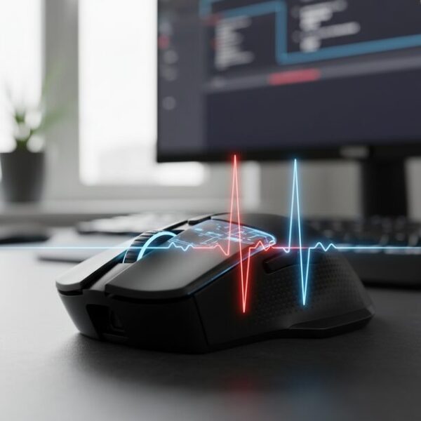 マウスのクリックボタンの上に、故障(チャタリング)を示す不規則な波形が表示されている。意図しないダブルクリックを診断するテストの重要性を表現している。