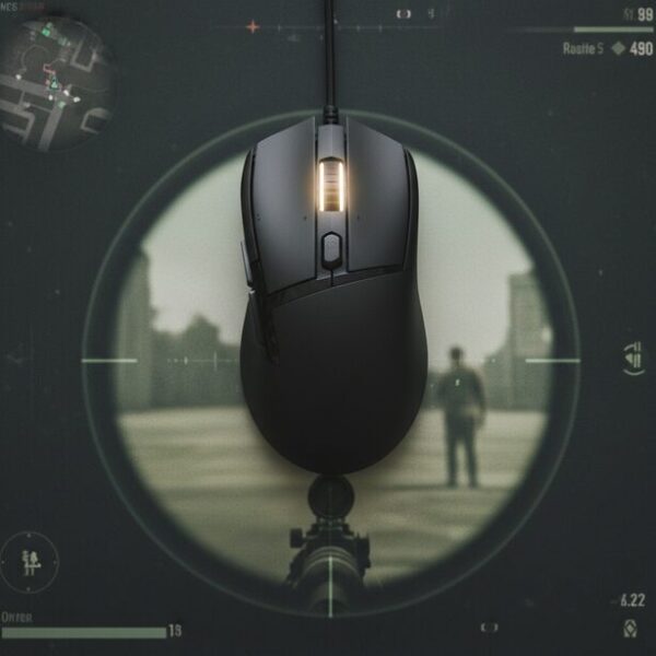 FPSゲームの画面を背景に、ゲーミングマウスの右クリックボタンが強調されて光っている。ADSなどゲームで重要な役割を担う右クリック速度テストの必要性を表現している。