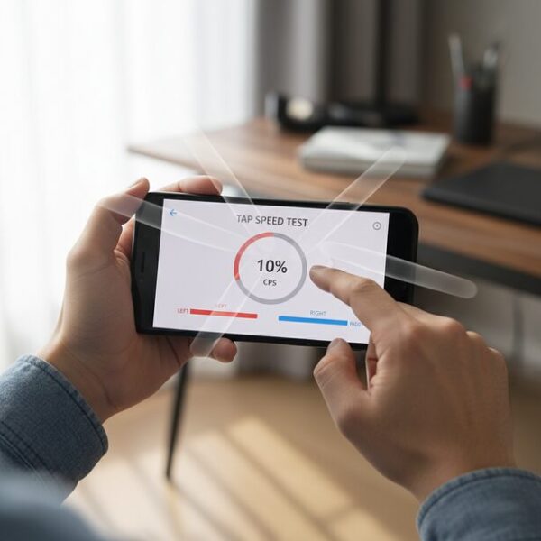 スマートフォンの画面でタップ速度テスト(TPS)を行っている手元。2本の指を交互に使う多指タップで、高速な連打を練習している様子を表現している。