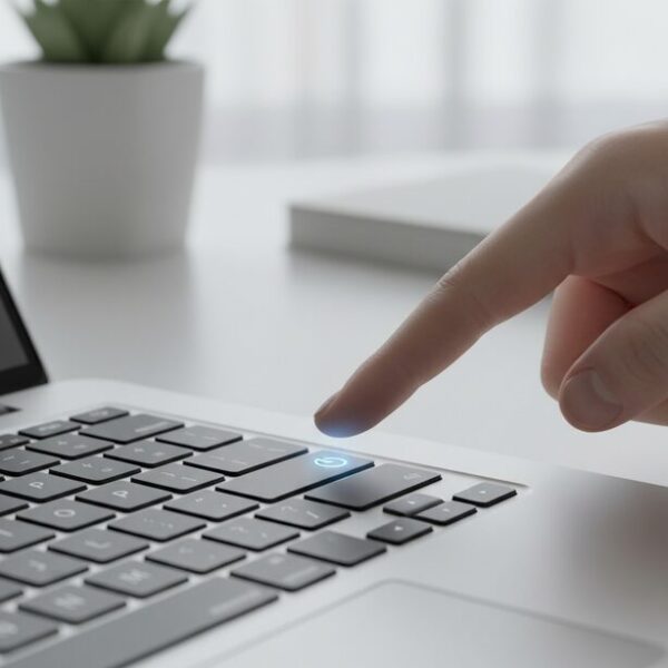 パソコンの電源ボタンに指が触れる寸前のクローズアップ。マウスの右クリックが反応しないといった不具合の対処法として、最初に試すべき基本的な解決策であるPCの再起動を促す様子。