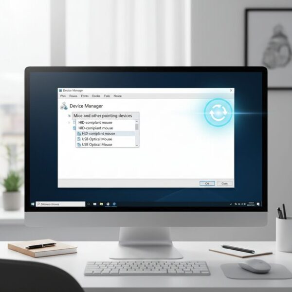 Windowsのデバイスマネージャーでマウスドライバを更新または再インストールする手順。ドライバの不具合が原因で右クリックが反応しない問題を解決するための、ソフトウェア的な対処法を解説。