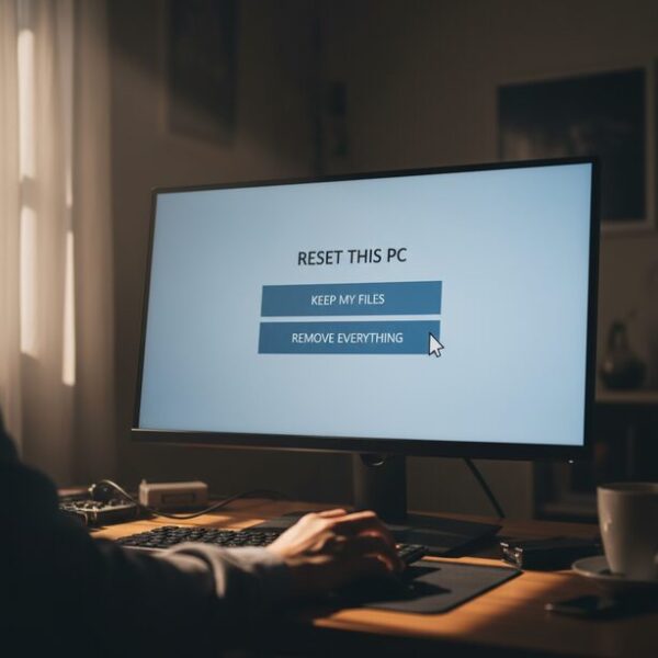 Windowsの「このPCを初期状態に戻す」機能の選択画面。様々な対処法を試してもマウスの不具合が改善しない場合の最終手段であるOSのリセットやシステムの復元を行う前の重要な判断を示す。