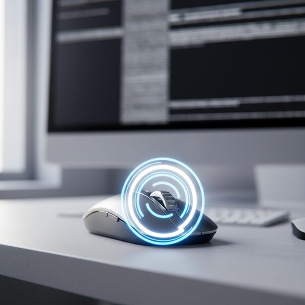 近未来的なデスクに置かれたワイヤレスマウスのスクロールホイールをクローズアップ。ホイールが空回りしている様子をCGエフェクトで表現し、WindowsやMacでのスクロール不具合の原因と対処法を示唆。