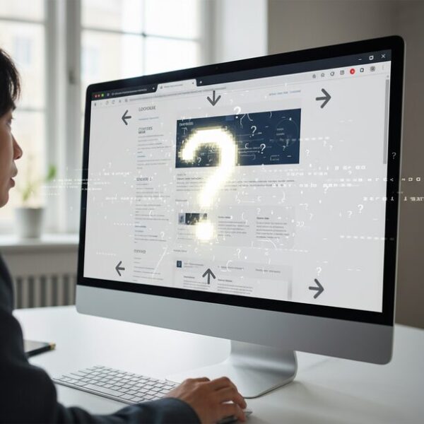 パソコンの画面に表示されたウェブサイト上で、マウスのスクロールが逆走する症状を矢印アイコンで表現。スクロールの空回りや勝手に動くなどの不具合の状態を確認し、原因を特定する重要性を示す。