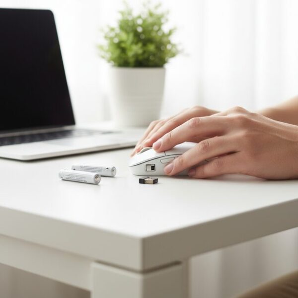 ワイヤレスマウスのスクロール不具合の基本的な対処法として、デスク上で新品の電池への交換とUSBレシーバーの接続確認を行う手元。空回りや反応しない問題はまず簡単なチェックから始める。