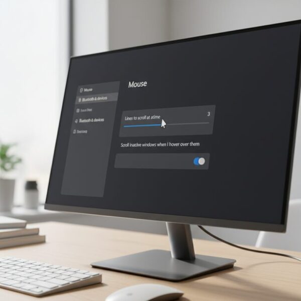 Windows11のパソコン設定画面で「Bluetoothとデバイス」からマウスの項目を選択。スクロールが空回りする問題を解決するため、「一度にスクロールする行数」のスライダーを調整している様子。