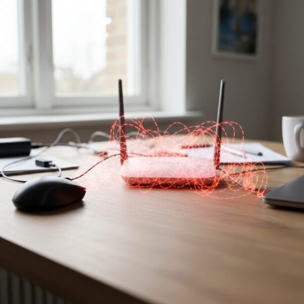 ワイヤレスマウスとUSBレシーバーの間にWi-Fiルーターが置かれ、電波干渉が起きている様子をCGで表現。Bluetooth接続のトラブルを解決するため、機器の配置を見直す対処法を示す。