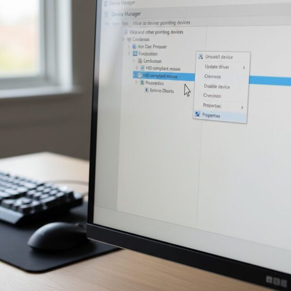 Windowsのデバイスマネージャー画面で「マウスとそのほかのポインティング デバイス」から該当デバイスを選択。スクロール空回りを治すため、古いドライバーをアンインストールし再インストールする手順。