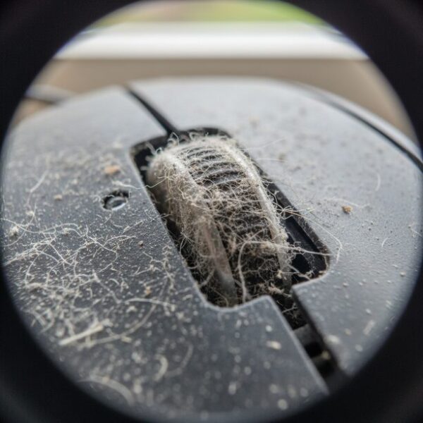 マウスのスクロールホイールの隙間をマクロ撮影し、内部に蓄積したホコリや髪の毛を詳細に描写。これがスクロール空回りや逆走を引き起こす物理的な原因であることを明確に示す。