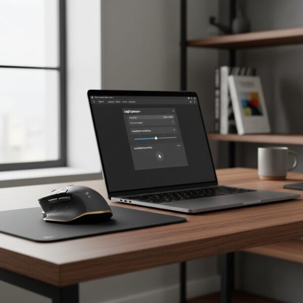 Logicool製マウスの横に置かれたノートパソコンに専用ソフトウェア「Logi Options+」の画面を表示。SmartShift機能の感度設定を調整し、特有のスクロール空回り問題を解決する確認事項。