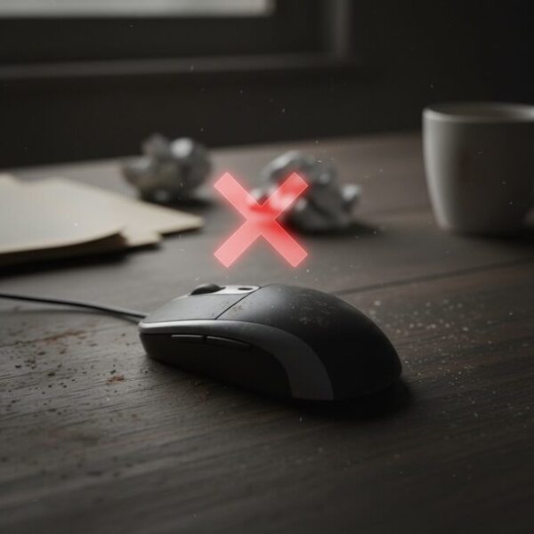 あらゆる対処法を試してもスクロールの空回りが治らない、使い古されたマウス。物理的な故障の可能性が高く、寿命を迎えていることを示唆しており、最終的に買い替えを検討する段階。