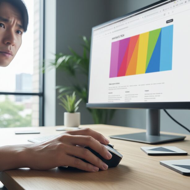 デスク上のPCモニターとマウス。ホイール操作とは逆方向にスクロールしてしまい困っている状況を表現。マウスのスクロールが逆になる問題の原因と直し方を解説する記事のアイキャッチ。