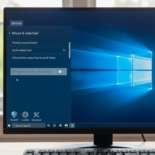 Windows 10ではOSの標準機能でマウスのスクロール方向を直せない状況。設定画面に項目がないことを示し、レジストリ編集など別の対処法が必要になることを解説。