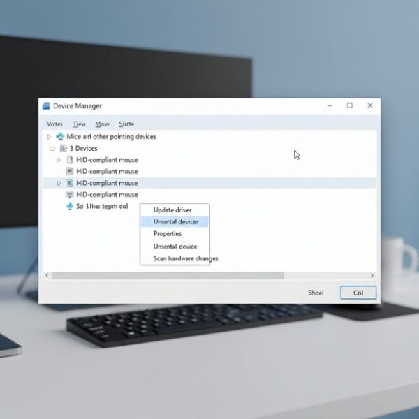マウスのスクロール不具合を解消するためのドライバー更新手順。Windowsのデバイスマネージャーを開き、該当デバイスのドライバーを更新する具体的な操作方法を説明。