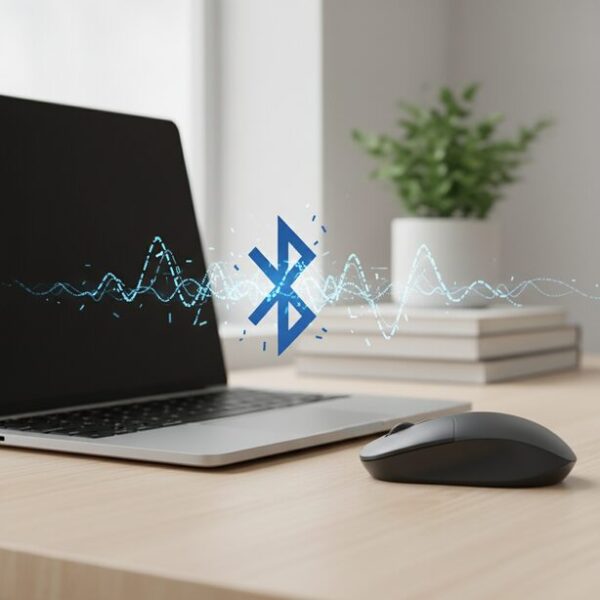 Bluetoothマウスがスリープ復帰後にスクロールが逆になる問題。PCとのワイヤレス接続が不安定になっている様子を表現し、ペアリング再設定や省電力設定の見直しが必要なことを示唆。