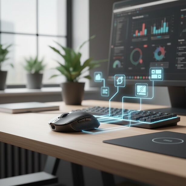 洗練されたデスク上の多機能マウス。サイドボタンから放たれる光がコピーペーストやExcelのアイコンに繋がり、割り当て設定によるメリットやPC作業の効率化を象徴的に表現している。