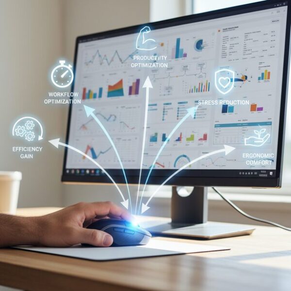 PC画面のグラフを前にマウスを操作する手元。クリックされたサイドボタンから、作業効率向上、ゲームでの優位性、身体的負担の軽減など5つのメリットを示すアイコンへ光が伸び、割り当ての利点を表現。