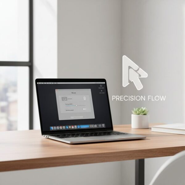 MacBookに表示されたmacOSのマウス設定画面。OS標準では基本的な調整しかできず、サイドボタンの割り当てにはKarabiner-Elementsのようなサードパーティ製アプリが必要な状況を表現している。