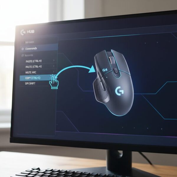 Logicool G HUBのソフトウェア画面。中央にあるマウスイラストのサイドボタンからコマンドリストへ矢印が伸びており、ドラッグ＆ドロップでコピーペーストなどの機能を割り当てる設定手順を視覚的に解説。