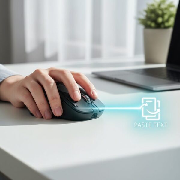 エレコムのマウスを操作する手元を俯瞰で捉える。サイドボタンを押しながらマウスを動かす軌跡が描かれ、ジェスチャー機能でコピーや定型文貼り付けなどの操作を割り当てられる独自の特徴を表現。