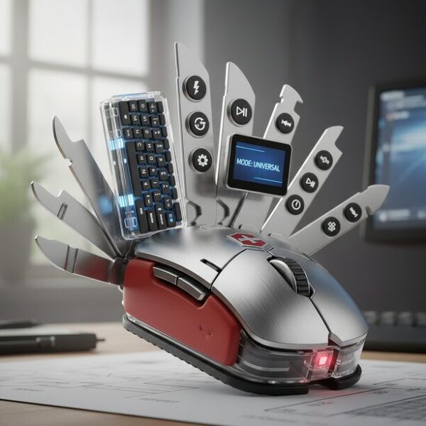 様々なツールが飛び出すスイスアーミーナイフのようなマウス。X-Mouse Button Controlの持つ、メーカーを問わない汎用性や、キー割り当て、マクロなどの豊富な機能を象徴的に表現している。