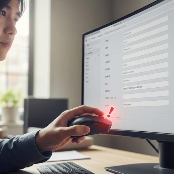 ウェブフォーム入力中に誤ってマウスのサイドボタンを押してしまい、ページが戻って入力内容が消えそうになる瞬間。デフォルトの「戻る」割り当てによる誤操作のストレスや変更する理由を表現。