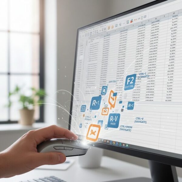 広大なExcelシート上でマウスを操作する様子。サイドボタンをクリックすると、セルの編集や書式設定が瞬時に行われ、F2キーやショートカットの割り当てによるデータ入力の作業効率化を表現。