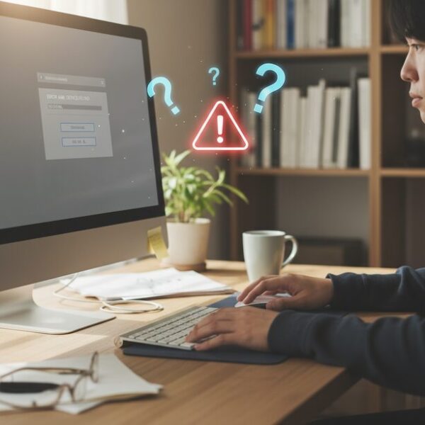 PCの前でマウスが反応せず、困って首をかしげる人物のシルエット。設定が効かないトラブルの原因を探る、ソフトウェアやハードウェアの確認といった対処法が必要な状況を表現している。