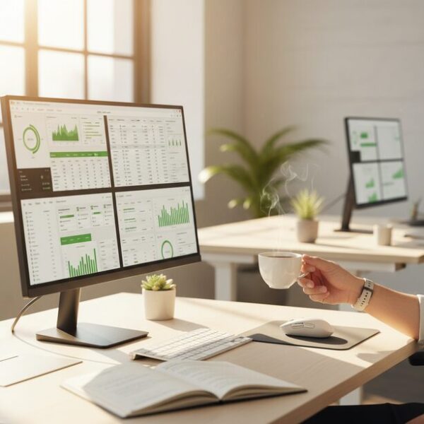 マウスのシングルクリック設定による負担軽減のメリットを表現。PCでの作業を効率的に終え、リラックスしてコーヒーを飲む手元が、クリック数半減による快適さや操作の高速化を象徴しています。