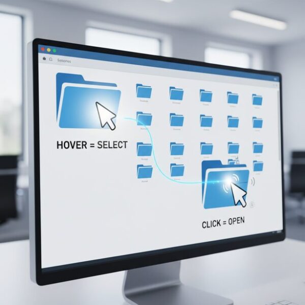 Windowsのシングルクリック設定を使いこなす選択操作のコツ。ファイルを開かずに選択するには、クリックせずマウスカーソルをアイコンの上で静止させる「ホバー」操作に慣れることが重要。