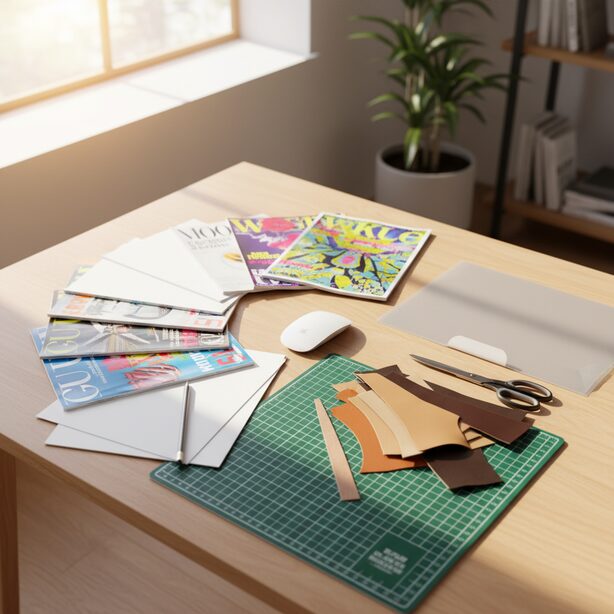 木製デスクに置かれたワイヤレスマウスの周りに、コピー用紙や雑誌、クリアファイル、革製品など、マウスパッドの代わりになるものが並び、最適な代用品を選ぶ様子。