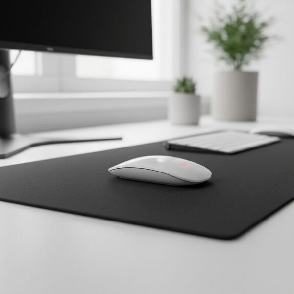 高品質な黒いマウスパッドの上で白いマウスがスムーズに動き、センサーが正確に読み取っている様子。マウス操作の精度向上と、快適な作業環境の重要性を示唆する。