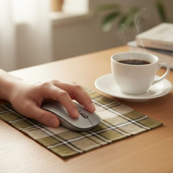 チェック柄のハンカチをマウスパッドの代わりにして、静かな環境でパソコン作業をしている様子。布製品ならではの静音性の高さと、手首への優しさを感じさせる。