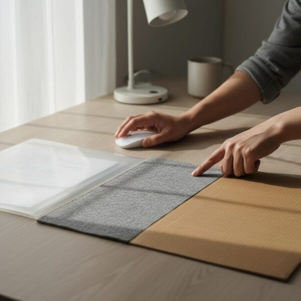 マットな質感のクリアファイル、布、厚紙を並べ、マウスとの相性を比較検討している。表面の素材、安定性、操作感という3つのポイントで最適な代用品を選ぶ様子。