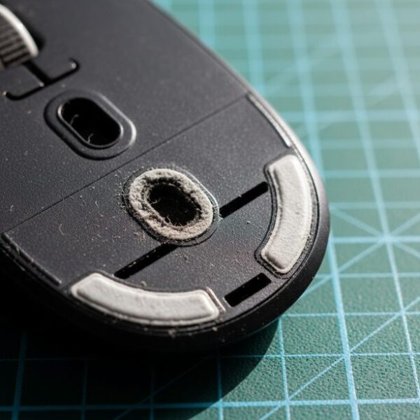 裏返したマウスの底面で、硬い代用品によってすり減り、傷だらけになったマウスソール。不適切な代わりを使うことで、マウス本体の寿命を縮める影響があることを示す。