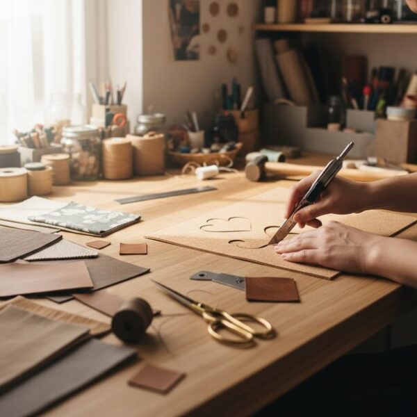 作業台の上でコルクシートや布、革などの素材を使い、自分だけのオリジナルマウスパッドを自作している手元。100均の材料を活用しておしゃれに楽しむ様子。