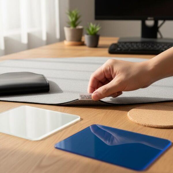 布製、プラスチック製、革製など様々な素材のマウスパッドが並ぶ中、手元で製品タグを確認している様子。洗い方を間違えないために、洗浄前の素材確認が必須であることを示している。