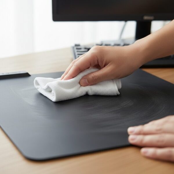 プラスチック製のハードタイプマウスパッドの表面を、マイクロファイバークロスで丁寧に拭き掃除している。傷をつけずに手垢や皮脂汚れを落とす、正しい手入れ方法を示している。