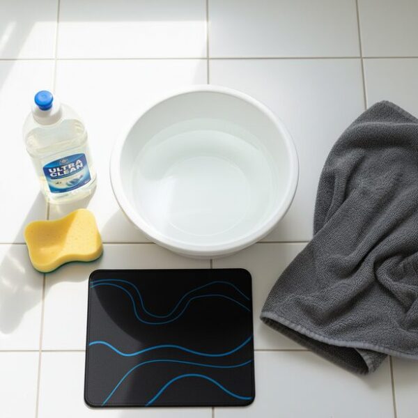 マウスパッド洗浄に必要な道具一式。中性洗剤、洗面器、柔らかいスポンジ、タオルが清潔な場所に準備されており、正しい洗い方の手順を始める前の状態を分かりやすく示している。