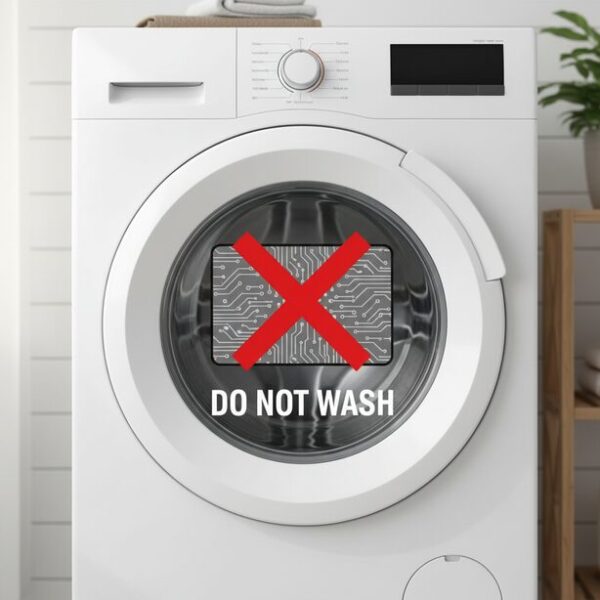 洗濯機のドアにマウスパッドのアイコンと大きな禁止マークが描かれている。型崩れや素材の剥離を防ぐため、マウスパッドを洗濯機で洗うことがNG行動であることを強く示している。