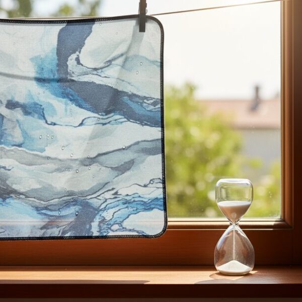 窓辺で干されているマウスパッドの横に置かれた砂時計。生乾きによる雑菌繁殖を防ぐため、季節や湿度に応じて焦らず完全に乾かすことの重要性と、乾燥時間の目安を示している。