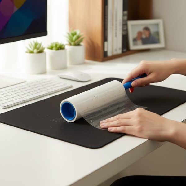 PCデスクの上で、粘着クリーナーを使いマウスパッド表面のホコリや髪の毛を掃除している手元。丸洗いの頻度を減らし、製品を長持ちさせるための普段の手入れ方法を示している。