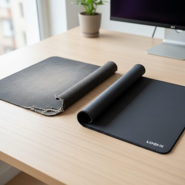 表面が剥がれ、端がほつれて劣化した古いマウスパッドと、新品の綺麗なマウスパッドの比較。滑りの悪化や物理的な損傷といった、寿命のサインと適切な買い替え時期を示している。