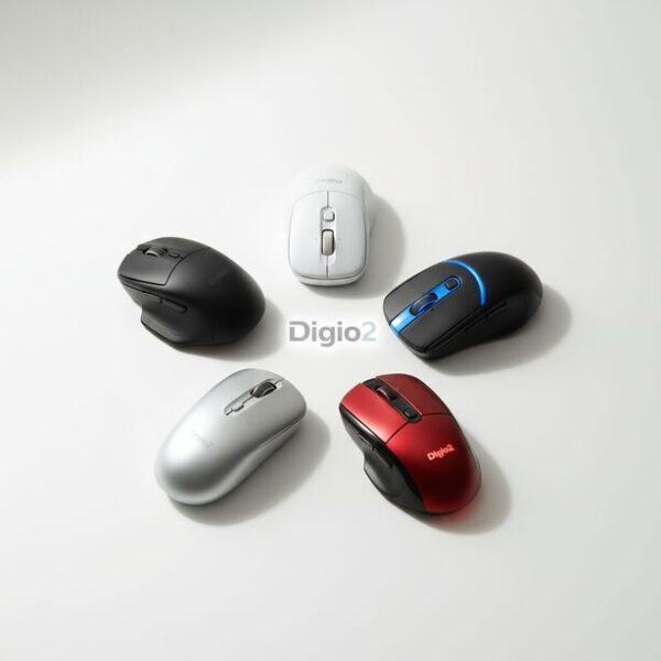 ナカバヤシのプライベートブランドDigio2の5つの特徴を象徴するマウスたち。圧倒的なコストパフォーマンスや豊富なラインナップ、高精度なBlueLEDセンサーといったメリットを示している。