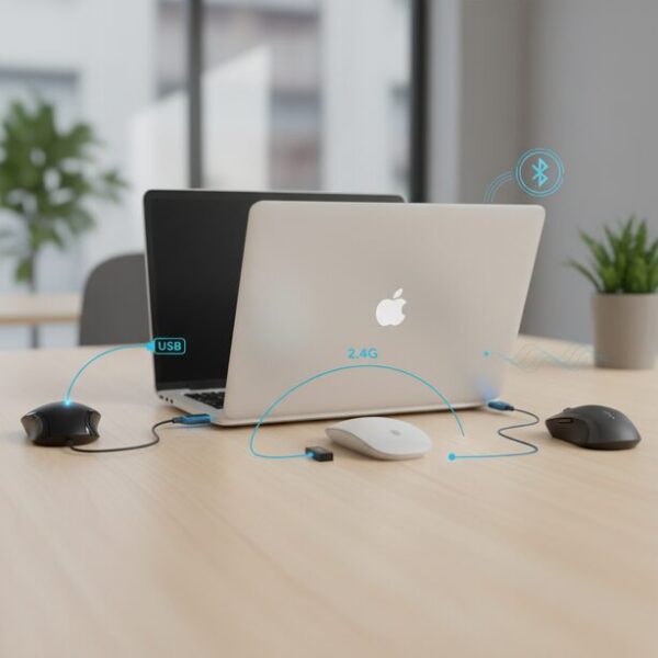 ノートパソコンに接続される有線、無線、Bluetoothの3種類のマウス。それぞれの接続方法のメリット・デメリットを視覚的に表現し、安定性や利便性の違いを分かりやすく比較している。