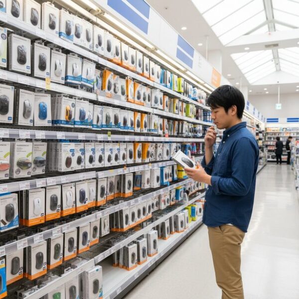 家電量販店のPC周辺機器売り場でナカバヤシのマウスを選ぶ買い物客。Amazonなどのオンラインストアだけでなく、ヨドバシカメラやビックカメラといった実店舗でも手軽に購入できる販売店の豊富さ。