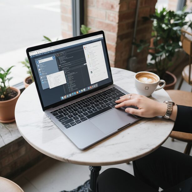 外出先のカフェでノートパソコンをマウスなしで操作する様子。タッチパッドのジェスチャーとキーボードショートカットを駆使して、狭いスペースでも作業効率を上げる方法をイメージさせる。