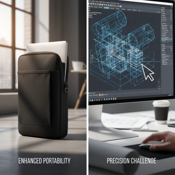 ノートパソコンをマウスなしで操作するメリットとデメリットを視覚的に比較。携帯性が向上する利点と、CADのような精密な作業が困難になるという課題を分かりやすく表現する。