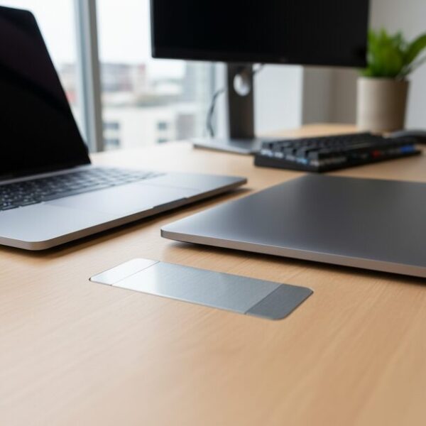 WindowsのタッチパッドとMacのトラックパッドの操作感の違いを比較。二つのノートパソコンを並べて配置し、それぞれのデバイスのハードウェア的な特徴やOSによるジェスチャーの違いを表現する。